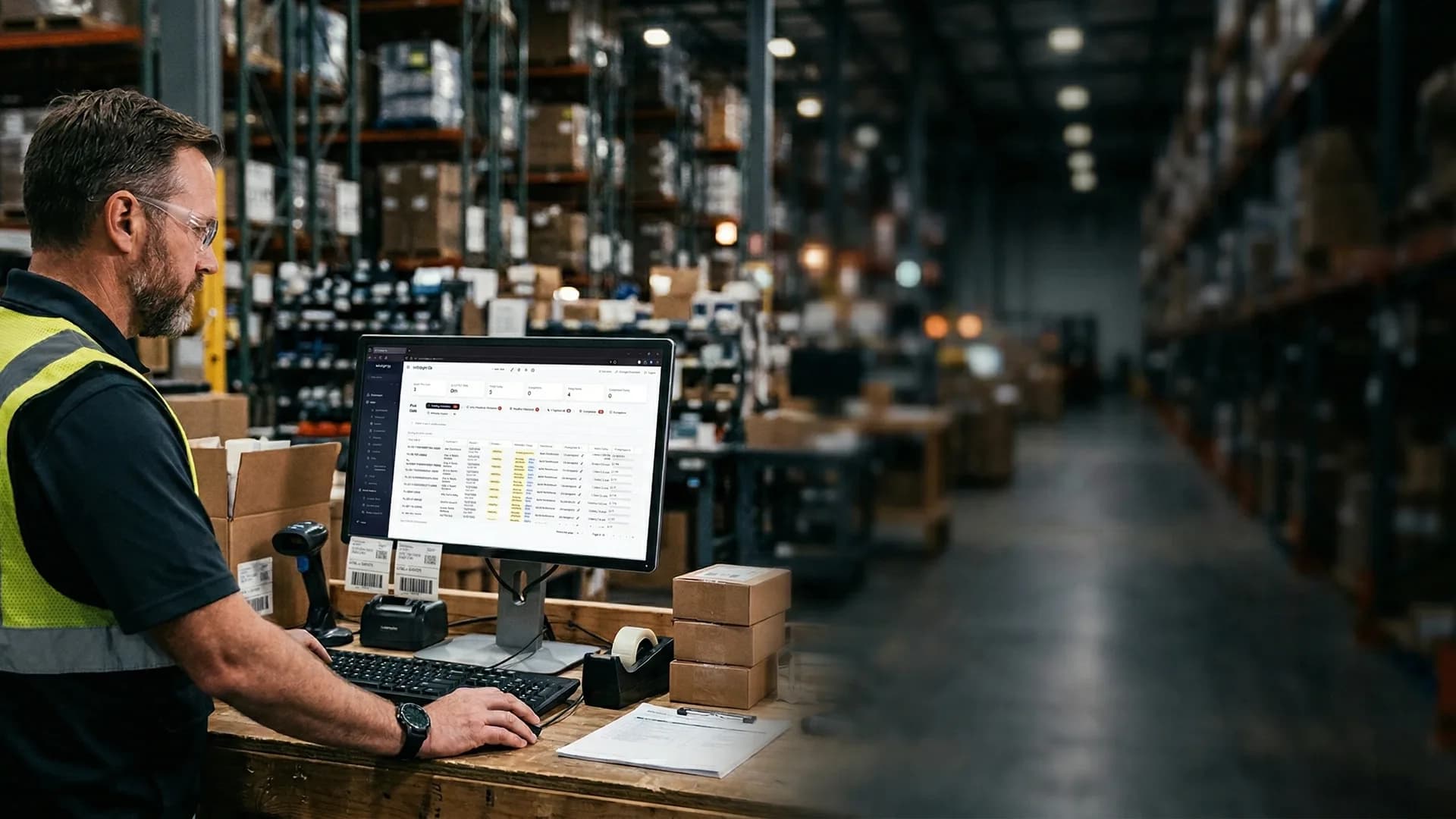 Warehouse worker using InfoSight ERP on desktop computer